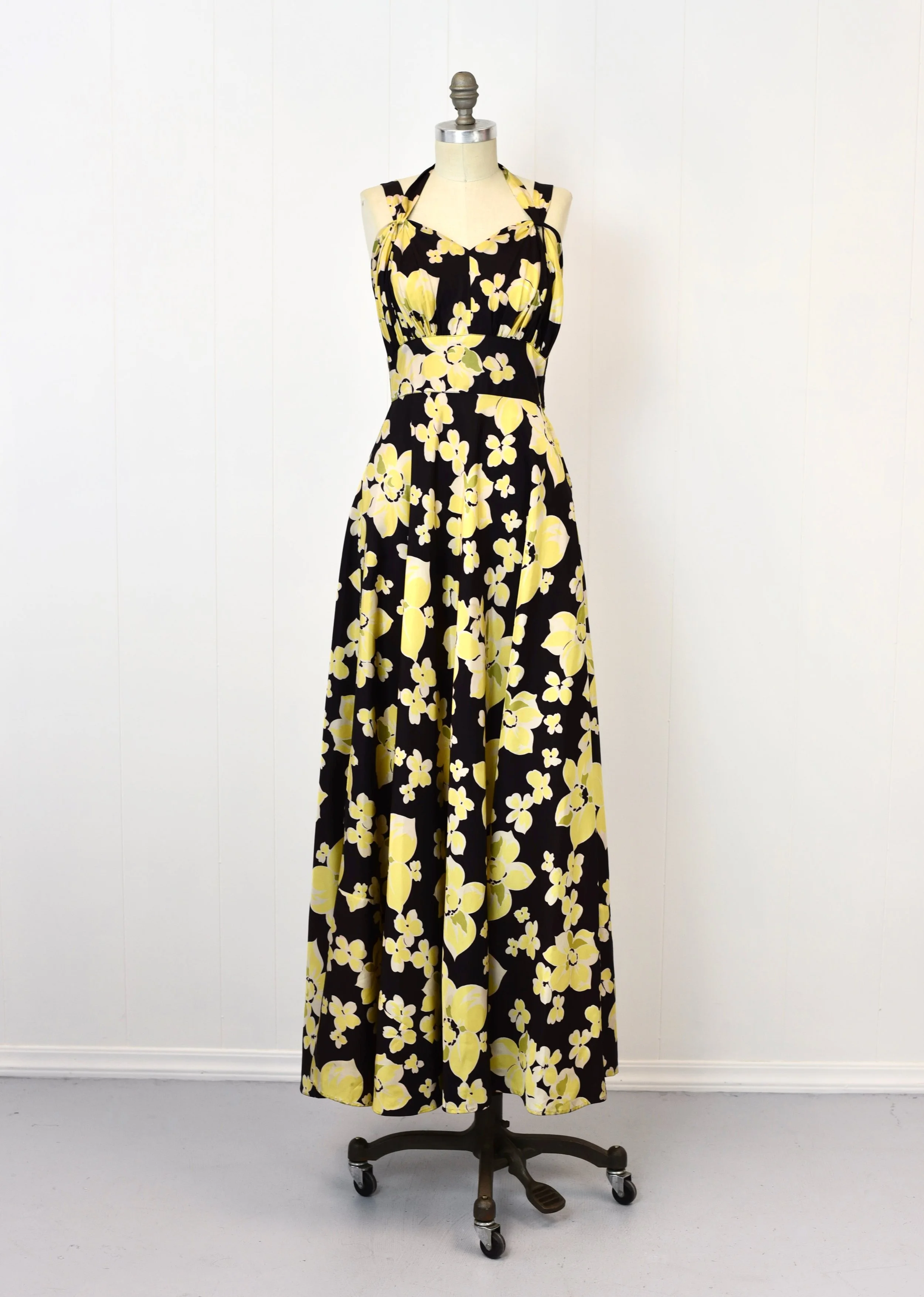 1940s Yellow Floral Black Halter Tie Gown Maxi Dress Canned Ham Vintage